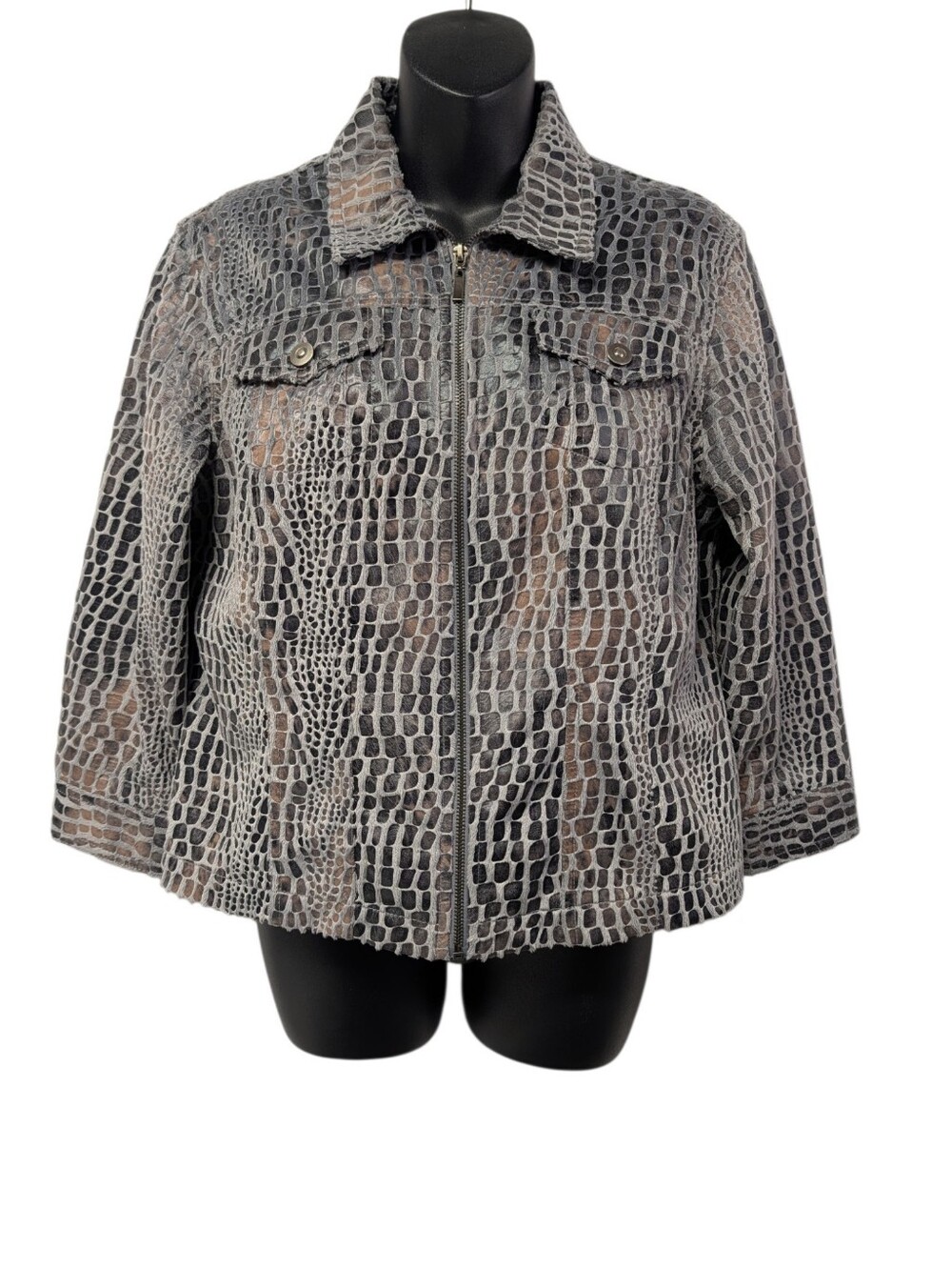 Ruby Rd. Womens Animal Print Gray Black Faux Fur/Leather Zip Jacket Pockets 12